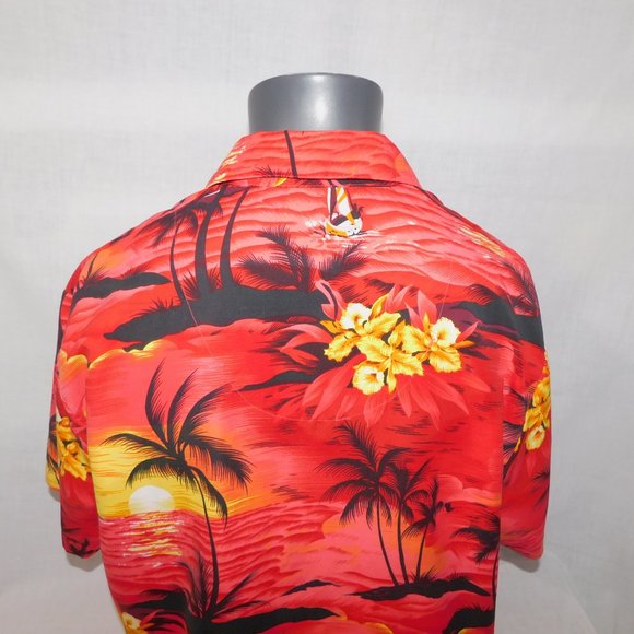 VTG Y2k AIR EAGLE Mens L Red Yellow Sunset Palm Trees Hawaiian Shirt - Picture 11 of 12